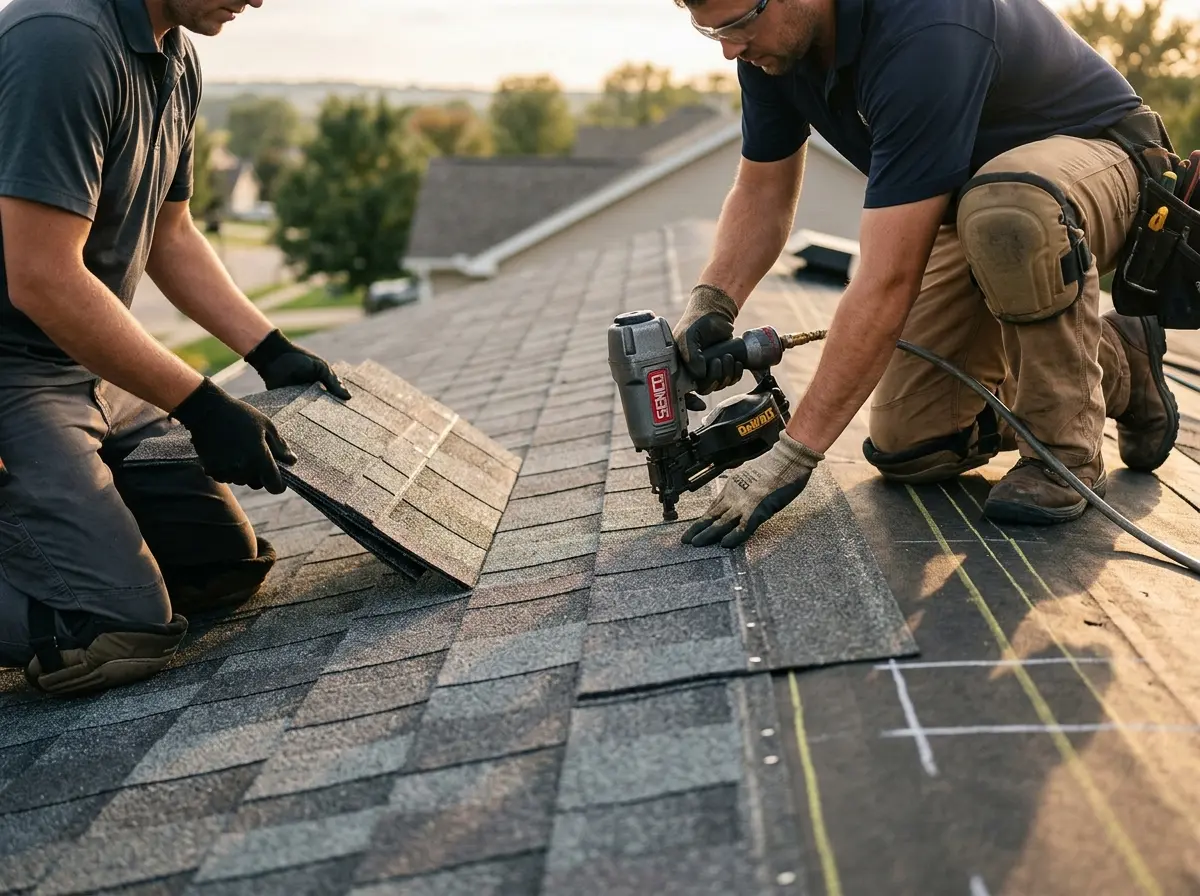 Professional roofer working on a residential roof in Lucas